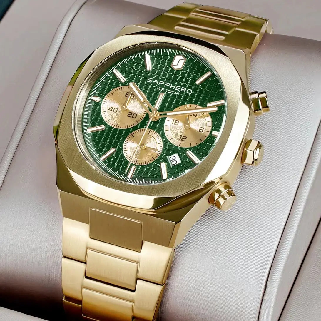 SAPPHERO Men's Luxury Quartz Watch with, Stainless Steel Case, Chronograph, Date Display, 10ATM Waterproof Wristwatch