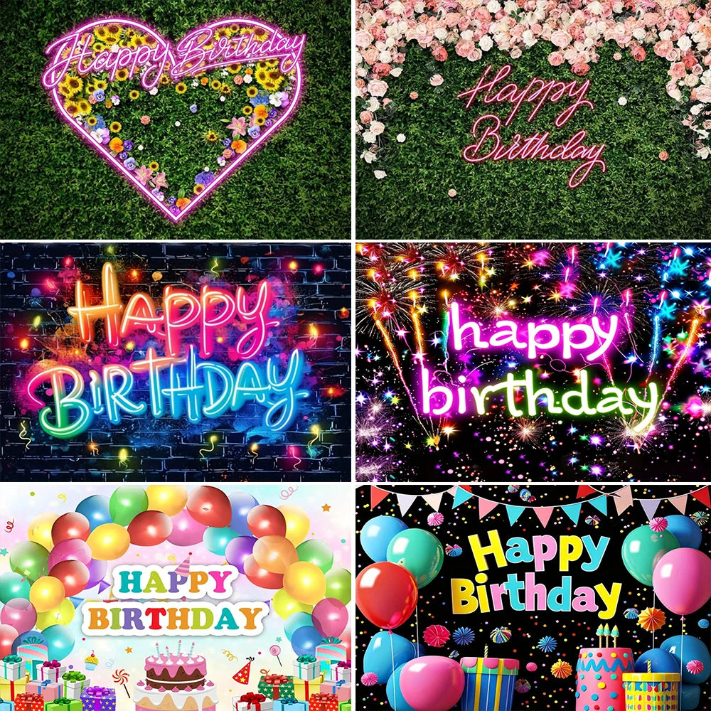 Neon Floral Pink Heart Theme Grass Happy Birthday Cake Neon Glow in The Dark Party Photography  Girl Background Wall Supplies