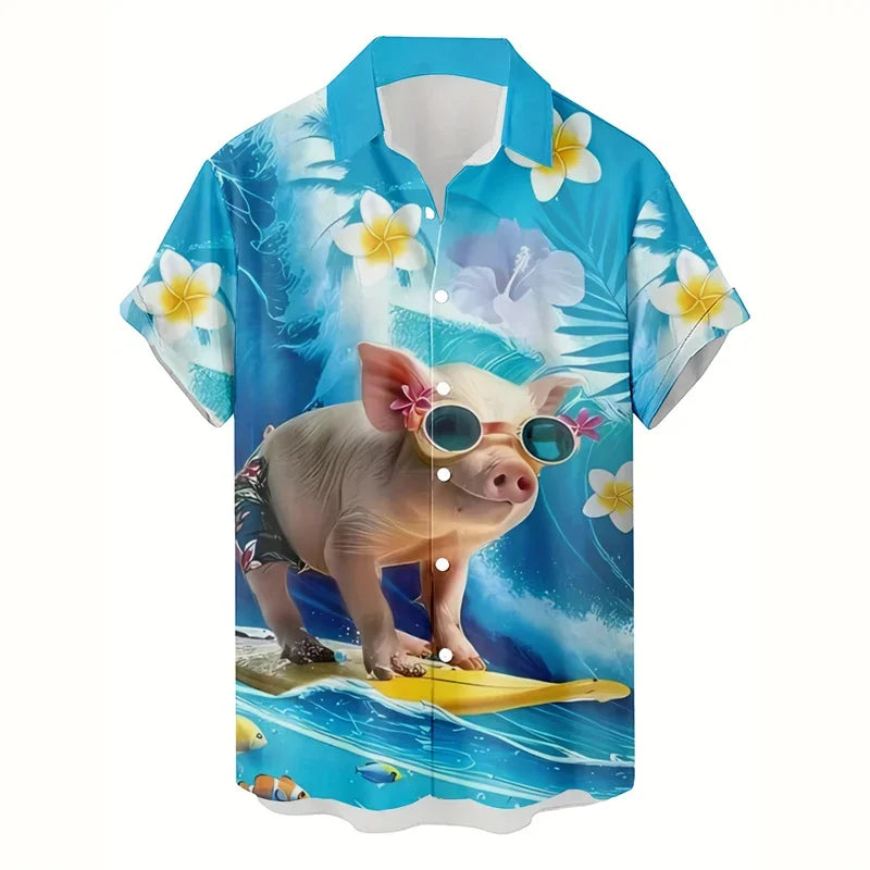 Fashion Cat Dog Hawaiian Shirt Men 3d Printed Animal Pig Graphic Short Sleeve Shirts New Design Summer Beach Lapel Button Blouse