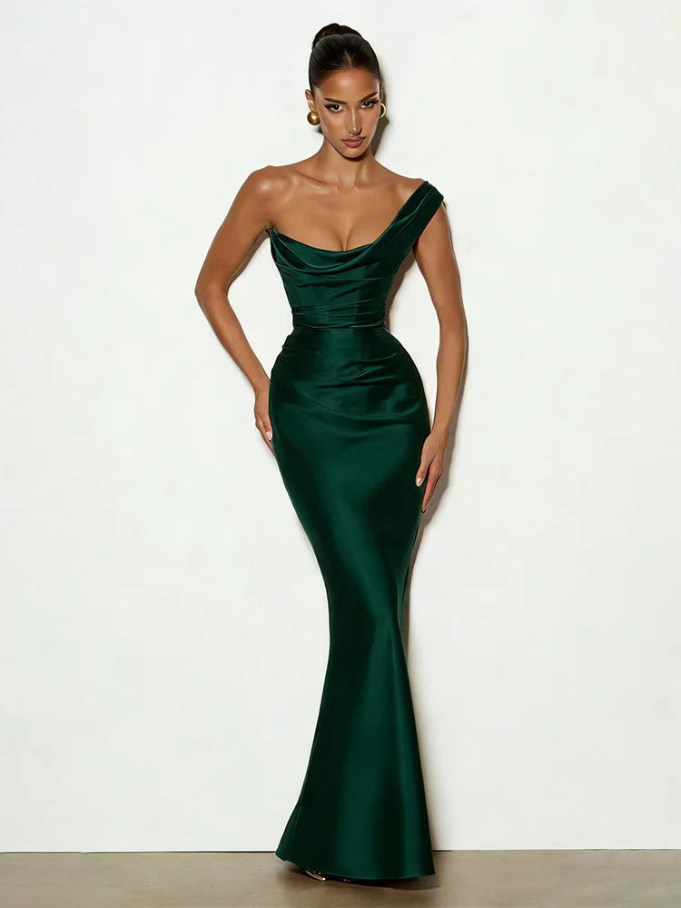Rinabe Solid Cinched Waist Dress One Shoulder Satin Low Chest Evening Gown Ruched Backless Sexy Back Lace Up Chic Party Dresses