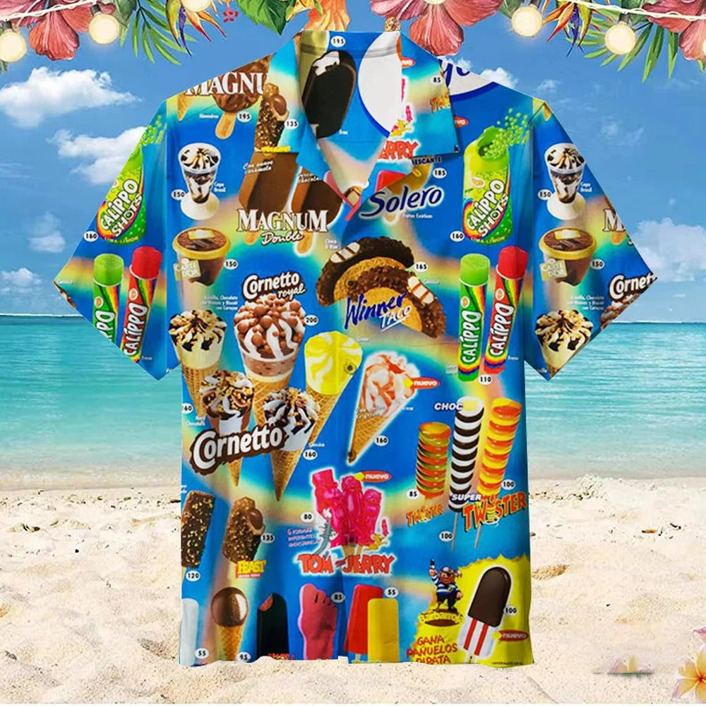 2024 Trendy Cool Fashion Ice Cream Shirts Beach Party 3d Print Hawaiian Shirt unisex Short Sleeve Oversized Blouse Lapel Shirts