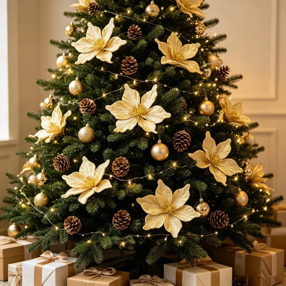 1/3Pcs 20cm Christmas Glitter Artificial Flowers Ornaments Faux Flower for Xmas Tree Wreath New Year 2026 Holiday Decoration