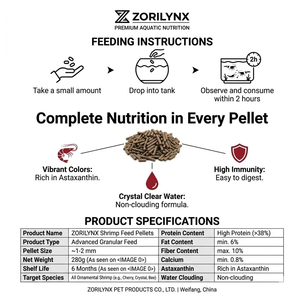 Nutritious Shrimp Feed Sinking Pellets High Protein Calcium Rich Food for Crystal Red Cherry Shrimp Aquarium Tank ZORILYNX
