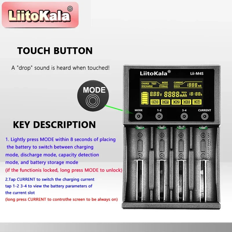 LiitoKala Lii-M4S Touch Charger (4 Slots)-300-1000mA LCD Capacity Tester W/ Storage Mode & USB Power Bank for 21700/26650/18650