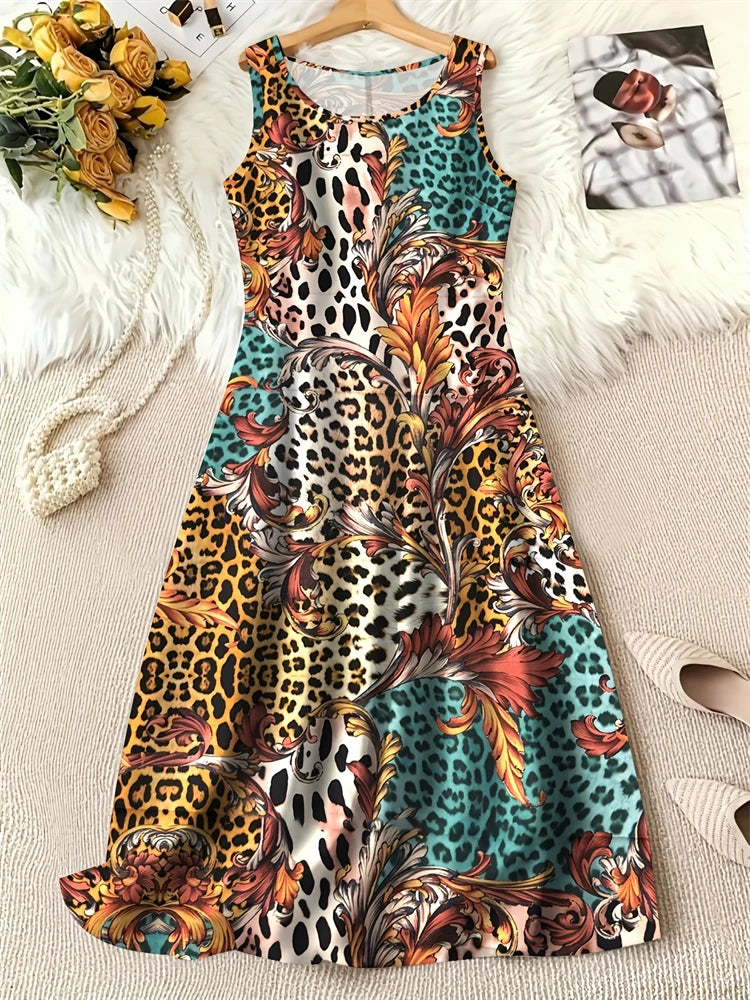 Summer Fashion Round-Neck Women's Dresses Botanical Floral Color-Blocked Patchwork Dresses Travel Party and Beach Dresses
