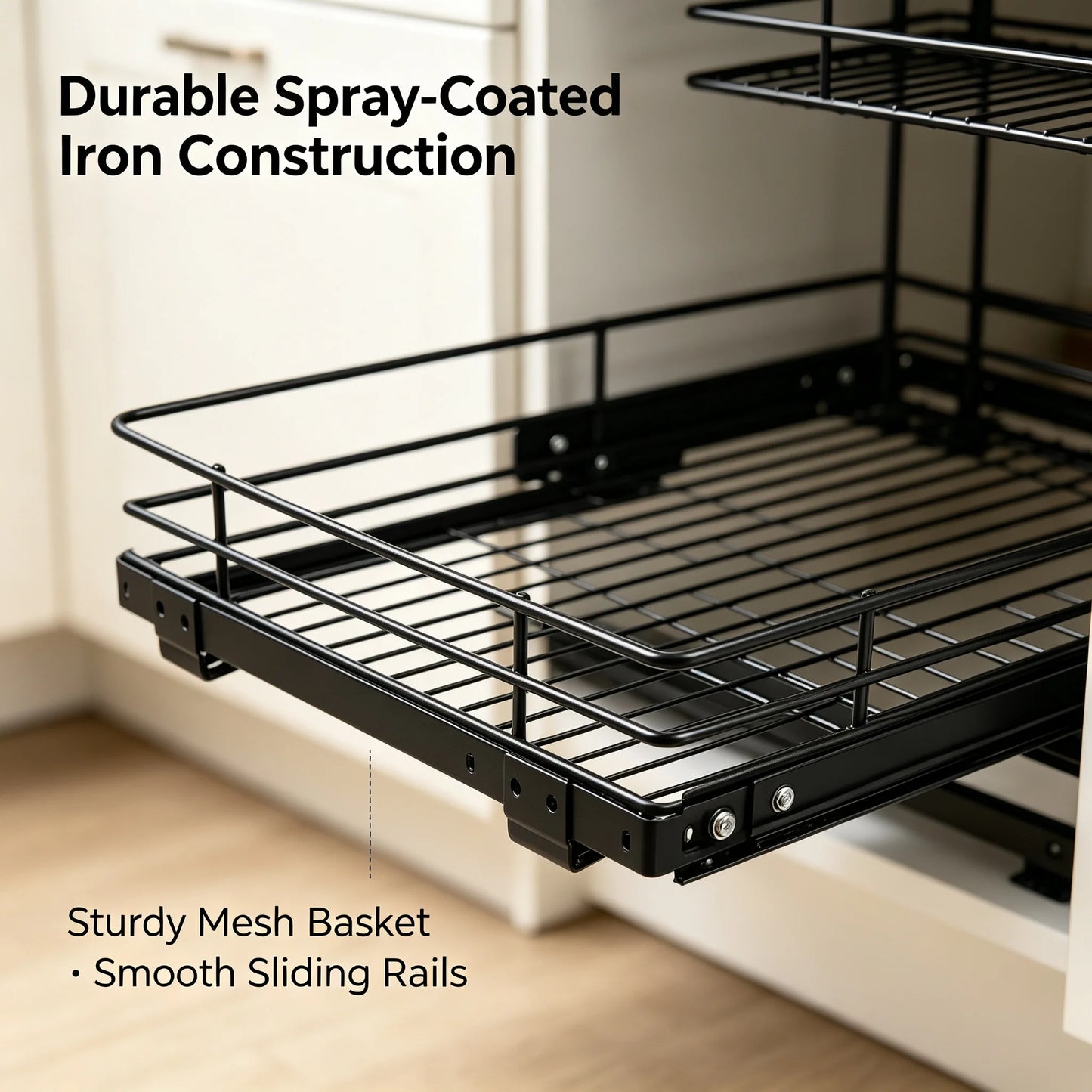 Under Sink Organizer 2-Tier Pull Out Cabinet Storage Rack, L-Shaped Slide Out Basket with Ball-Bearing Rails for Kitchen Bathroom, 22 lbs Capacity, Black