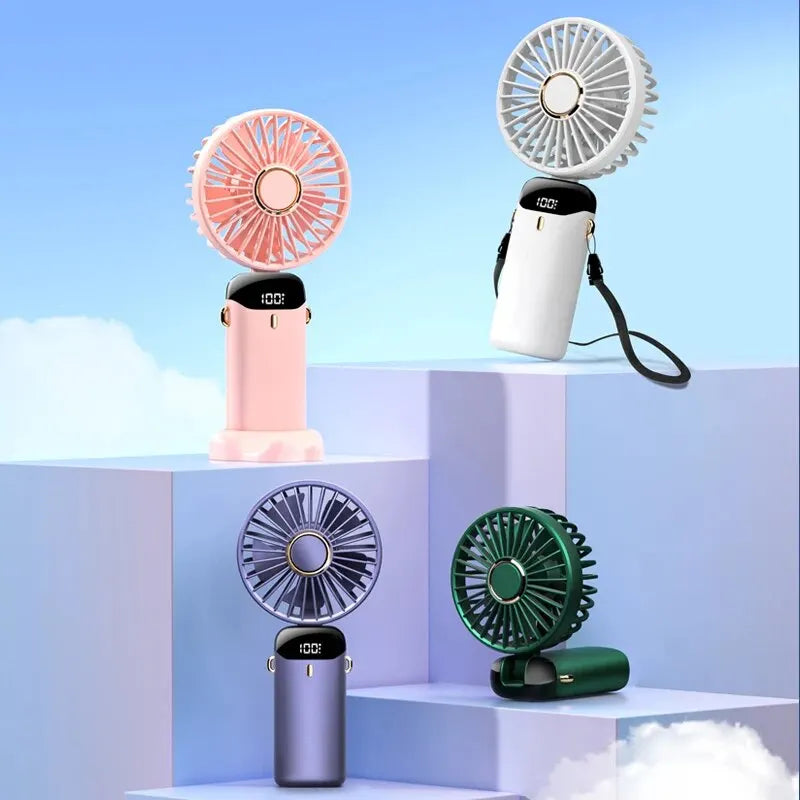 USB Handheld Mini Fan Foldable Portable Neck Hanging Fans 5 Speed Rechargeable Fan with Phone Stand