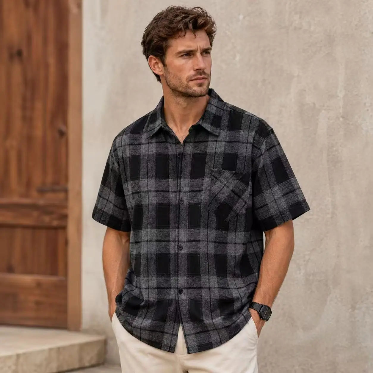 Euro Size Plaid Shirt Flannel Black Checkered Shirt Men Shirts Short Sleeve Button Down Chemise Homme Male Summer Check Vocation