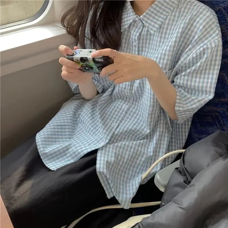 Plaid Shirts for Women Youthful Commuting Fresh Pocket Summer Autumn Short Sleeve Tops Tender Hipster Vintage American Style