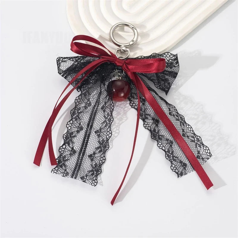 Lace bow Keychain Hollow Red Ribbon Cherry Pendant Women Handbag and Backpack Key Chain Exquisite Ornament Holiday Gift Decor