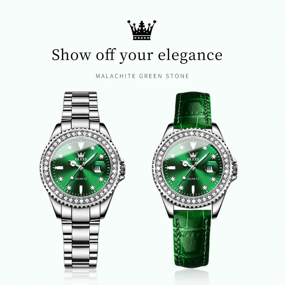 OLEVS Elegant Original Quartz Women's Watch Luxury Diamond Dial Fashion Steel Band Leather Band Waterproof Glow Watch 9945