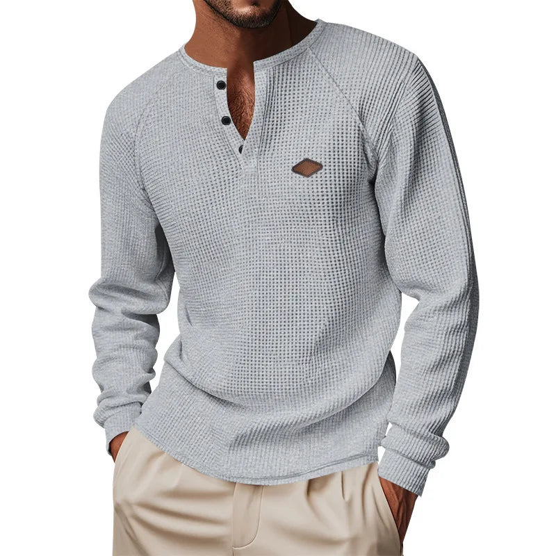 Mens Waffle Texture Henley Neck Long Sleeve Top Raglan Sleeve Leather Label Decor Loose Casual Solid Color Daily Pullover Shirts