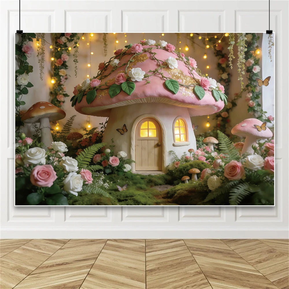 Pink Mushroom House Backdrop Enchanted Fairy Forest Floral Photography Background for Girls Birthday Baby Shower Party Decor