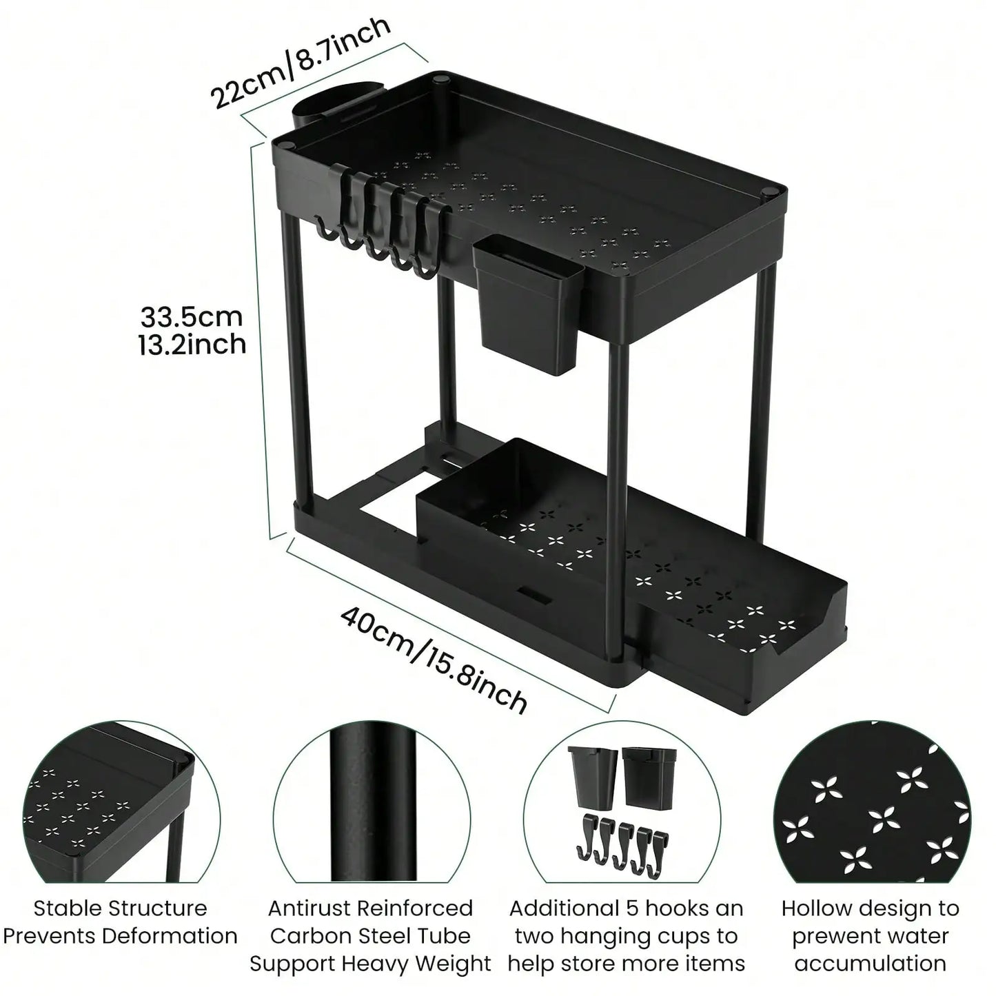 2-Tier Under Sink Organizer with Pull Out Drawer, Slide-Out Cabinet Storage Rack, Stainless Steel Kitchen Shelf with 5 Hooks & 2 Hanging Baskets