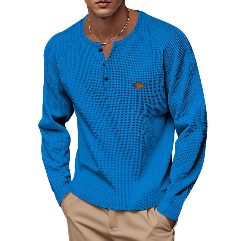 Mens Waffle Texture Henley Neck Long Sleeve Top Raglan Sleeve Leather Label Decor Loose Casual Solid Color Daily Pullover Shirts