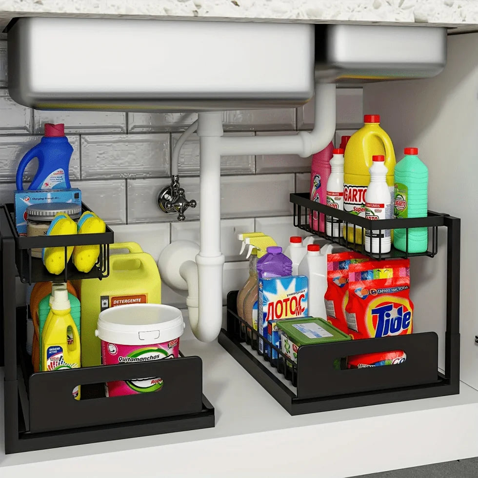 1/2pcs Under Sink Organizer With Pull-Out Drawer, Slide-Out Cabinet Storage Shelf For Kitchen & Bathroom, Space-Saving Under Cabinet Organizer