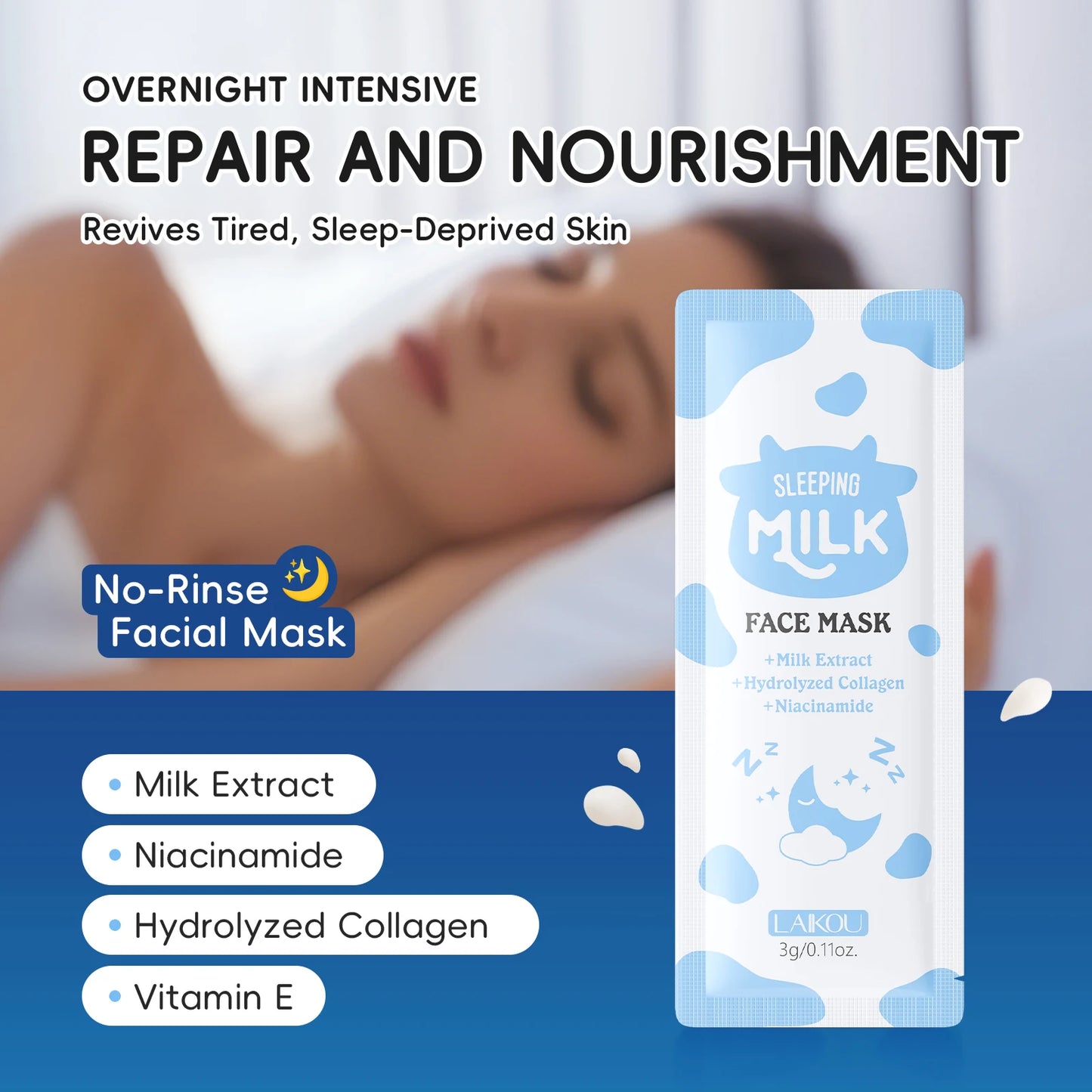 LAIKOU 8Pcs Milk Full Facial Skin Care Set - Cleanser Toner Serum Eye Serum Mud Mask Sheet Mask Moisturizing Cream Sleeping Mask