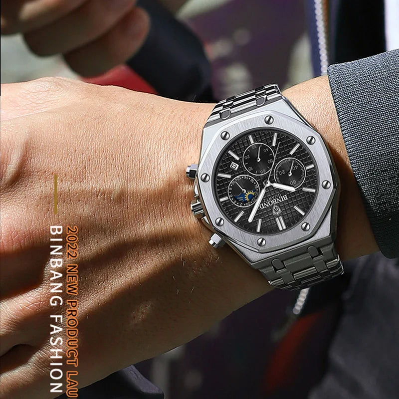 BINBOND Quality Men Watch Luxury High Man Quartz Wristwatch Waterproof Luminous Date Stainless Steel Men's Watches Casual Clock