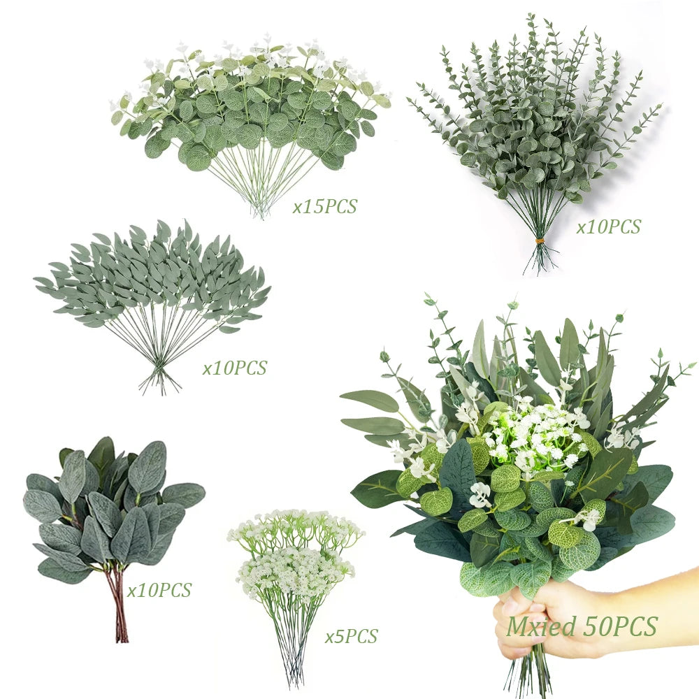 50/90PCS Artificial Flowers Bouquets Mixed Eucalyptus Leaves Willow Silver Eucalyptus Cuttings for Wedding Floral DIY Home Decor
