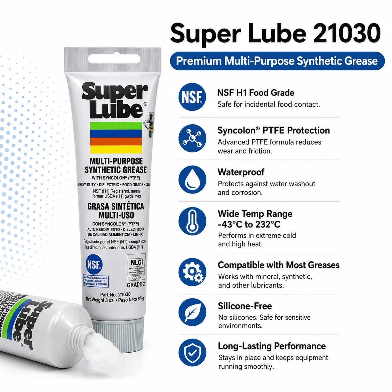 Super Lube 21030 Multi-Purpose Synthetic Grease 3oz 85g NLGI 2 Food Grade PTFE Lubricant for Bearing O-Ring