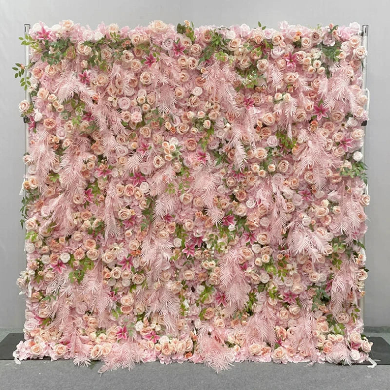 Luxur white Rose Roll Up Cloth 5D Flower Wall Arrangement Wedding Backdrop Decor Hanging Curtain Green Plants Wall Party Props