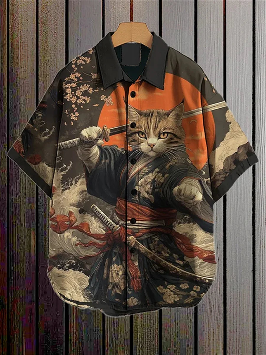 Men's blue and white color-blocked short-sleeved shirt with black cat print, collared casual outdoor vacation Hawaiian shirt.