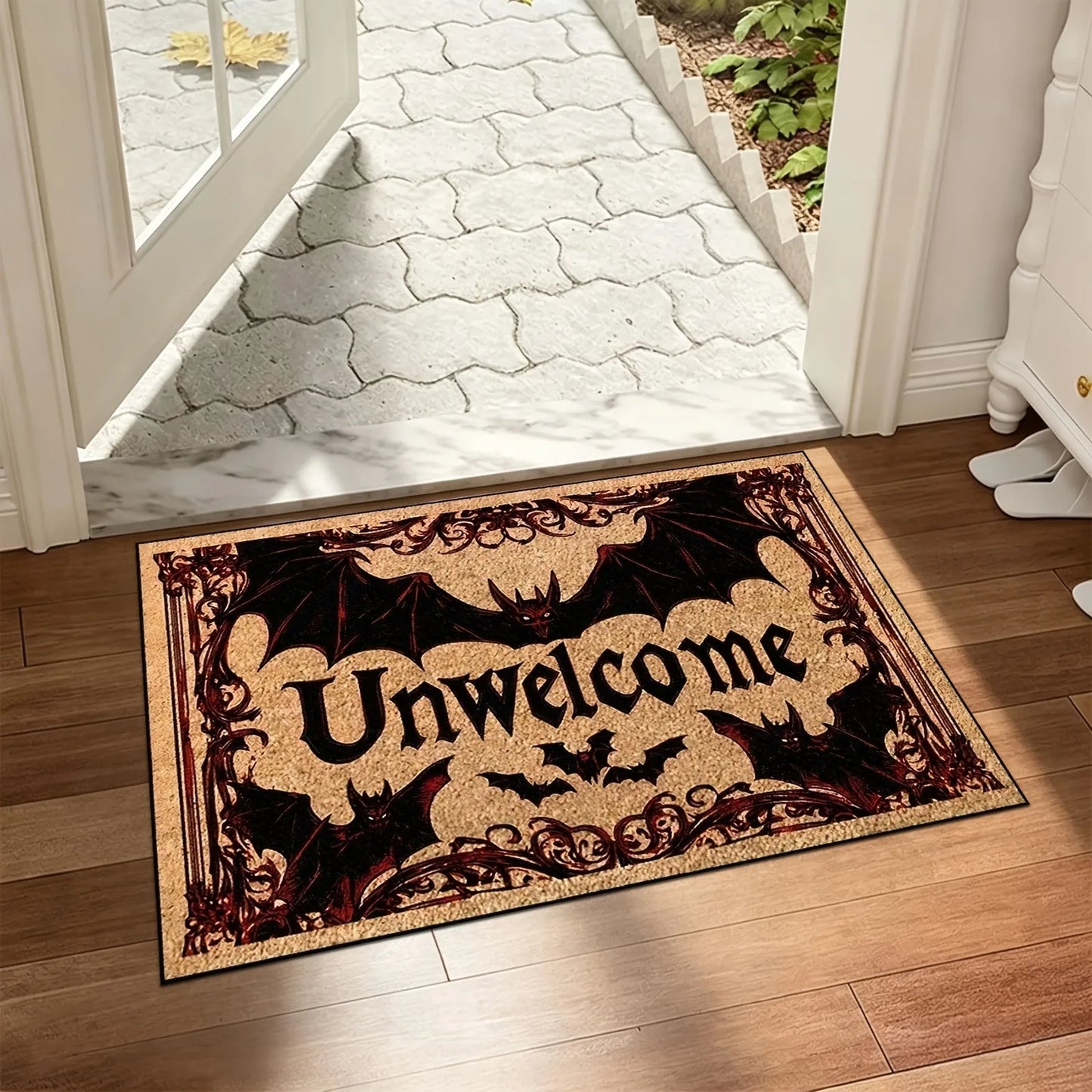 1pc Halloween Welcome Doormat - Non-Slip Soft Plush Heavy-Duty Gothic Bat with Red Lettering Design, Durable Non-Woven Fabric & Rubber Backing Indoor/Outdoor Mat, Suitable for Entryway, Porch, Garden Decor, 24"x16" & 30"x18",