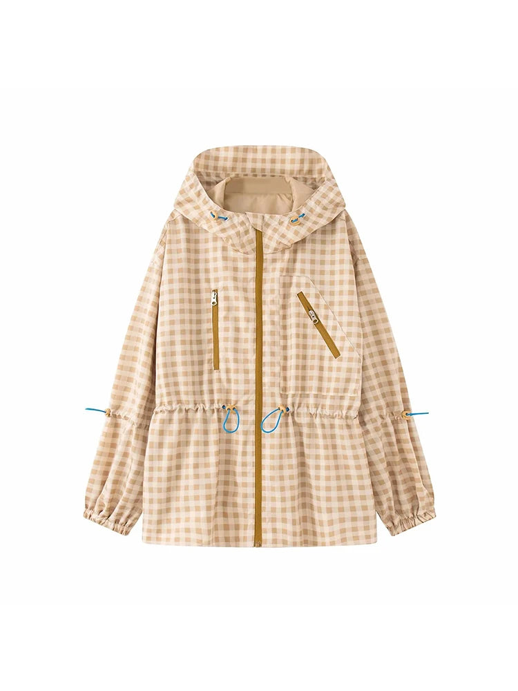 Women Plaid Hooded Drawstring Waist Cinching Jacket Women Loose Long Sleeve Zipper Jackets Fashion Female Street Outwear