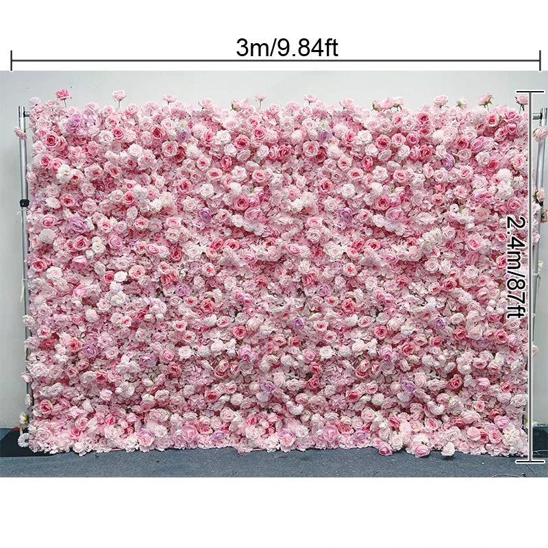 8ft/3.2ft Pink Flower Wall Artificial Silk Rose Backdrop For Wedding Decor Party 5D Floral Wall Roll Up Hanging Event Props
