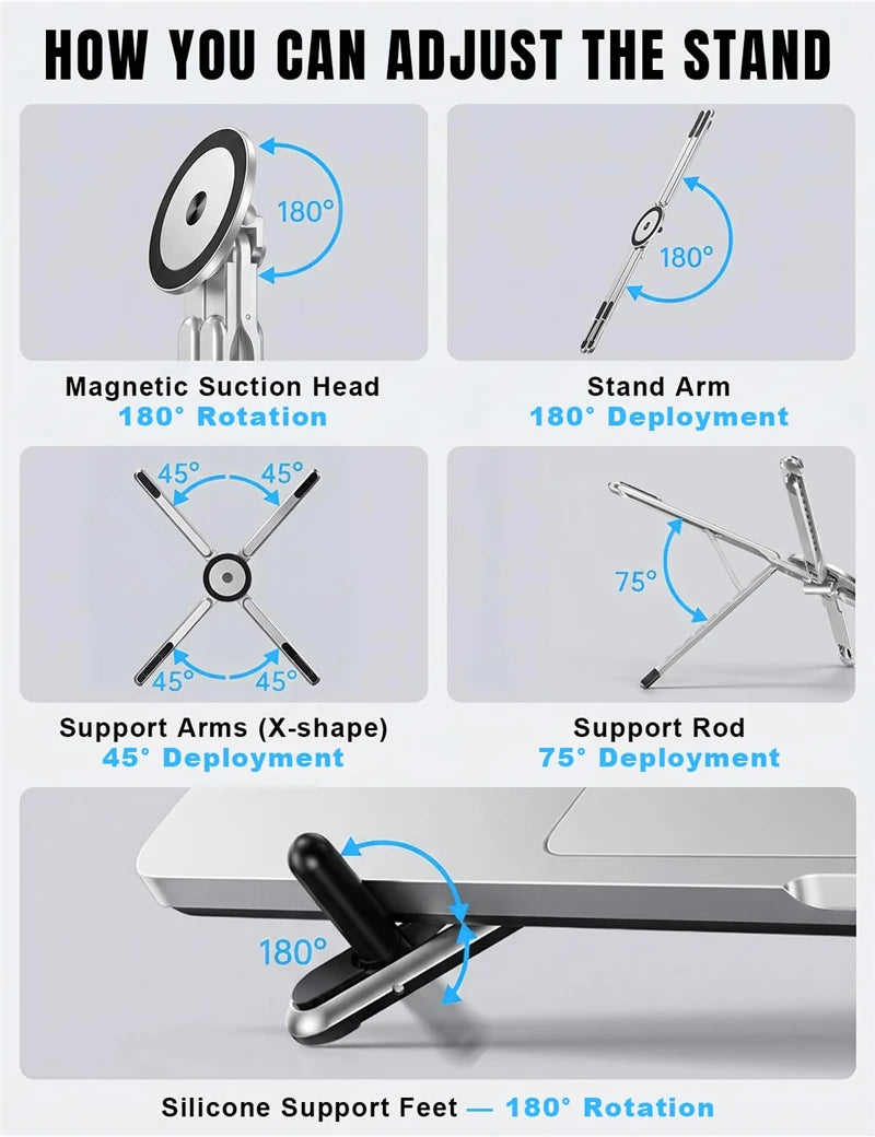 4 in 1 Foldable Laptop Stand Magnetic Phone Holder Aluminum Portable Desk Mount with Tripod Handle for Pro iPad Travel Vlogging