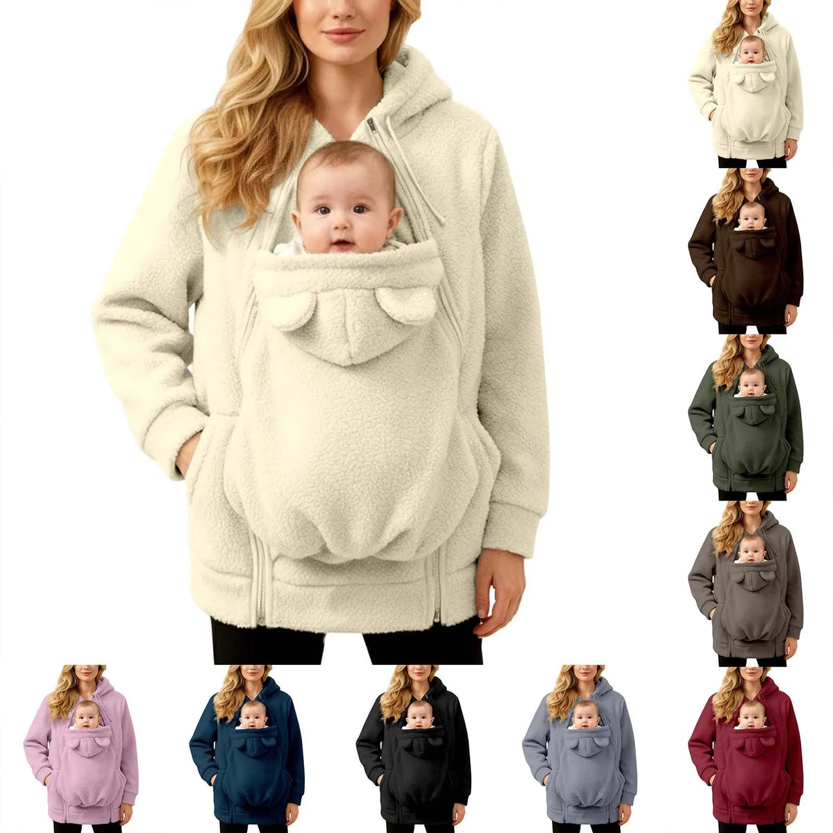 Autumn Winter Kangaroo Baby Carrier Hooded Jackets For Women Casual Hooded Mommy Outerwear Thickened Fleece Baby Pocket Jackets