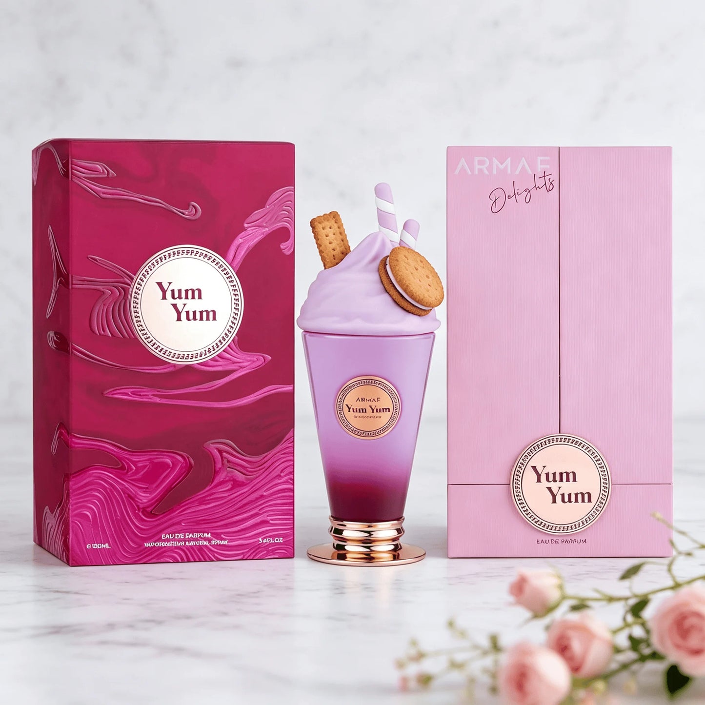 Armaf Yum Yum Eau De Parfum 100ml Unisex Perfume Cute Milkshake Cup Bottle Purple‑Red Gradient Vase Macaron & Wafer Decor Rose‑gold Base Sweet Gourmand Fruity Floral Scent Long Lasting Ladies Fragrance