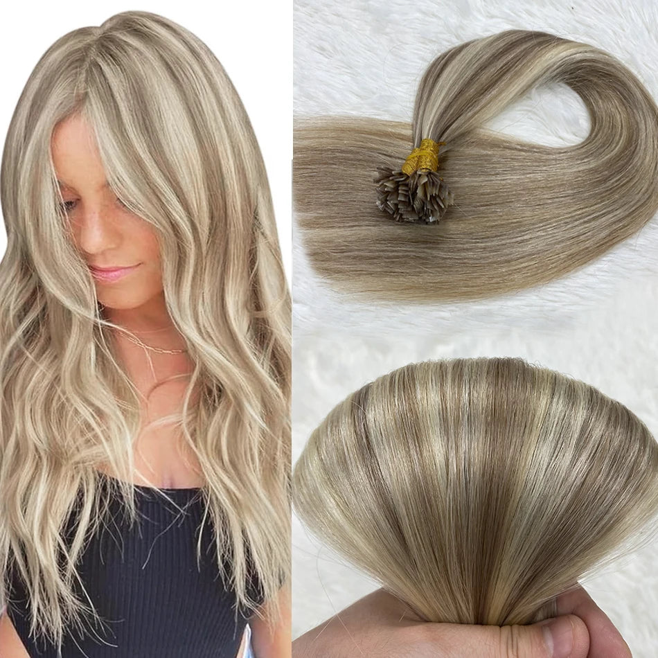 Straight Hair Flat Tip Hair Extensions K Tip Natural 100% Human Hair Fusion Extensions Set Keratin Prebonded Capsule Blonde Colo