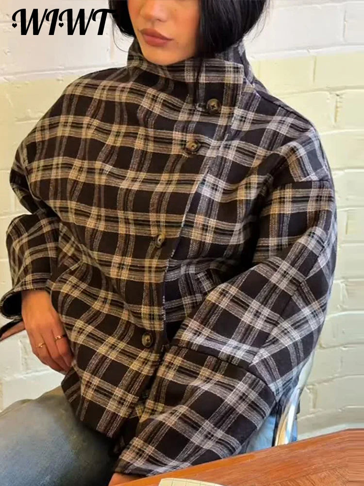 2026 Autumn Plaid Stand Collar Woolen Coats Ladies Casual Single-breasted Pockets Full Sleeve Jackets Women's Street Outwear