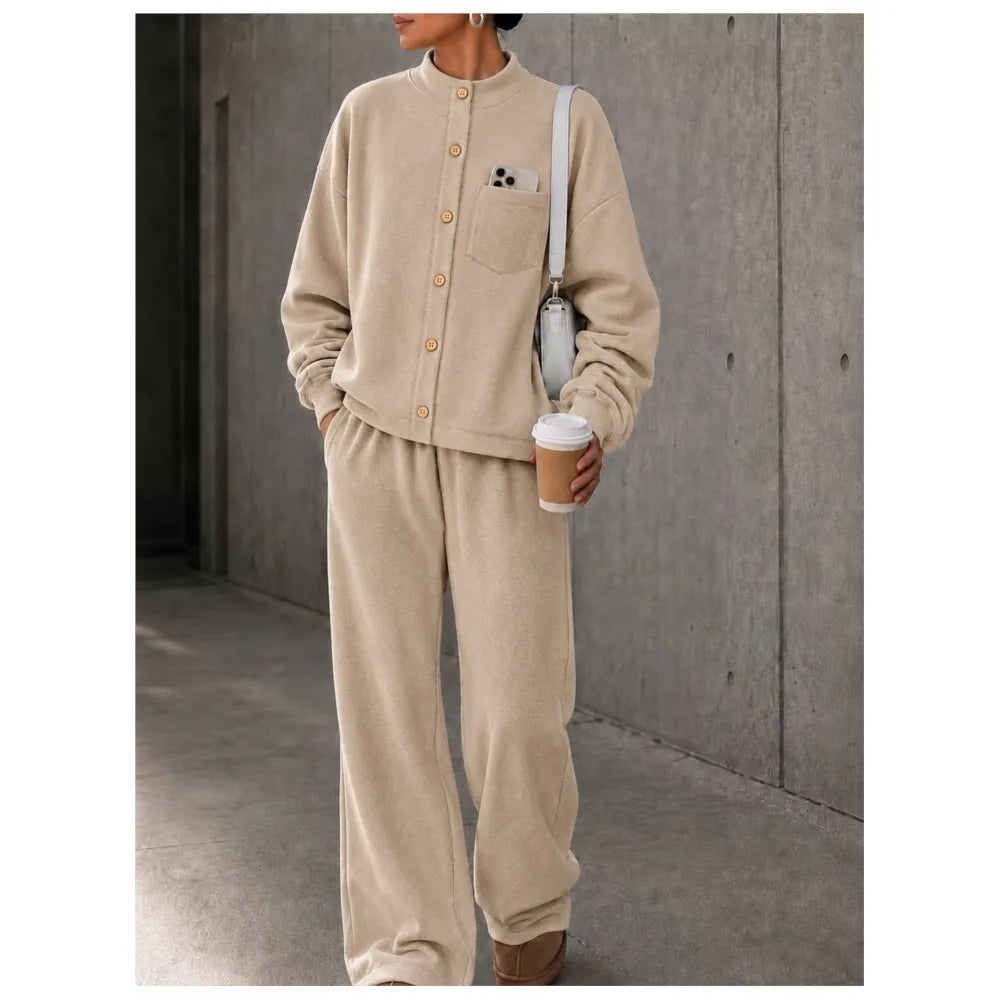Autumn Women's Single-breasted Button-down Long-sleeved Cardigan Trousers 2-piece Set Casual Retro Wide-leg Trousers Female Suit