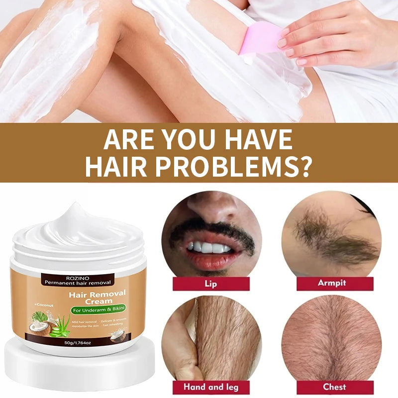 One application lasts for three months, 50g coconut hair removal cream, instant hair removal, non-irritating to the skin, smooth and residue-free semi-permanent hair removal, suitable for hair removal on lips, armpits, legs,