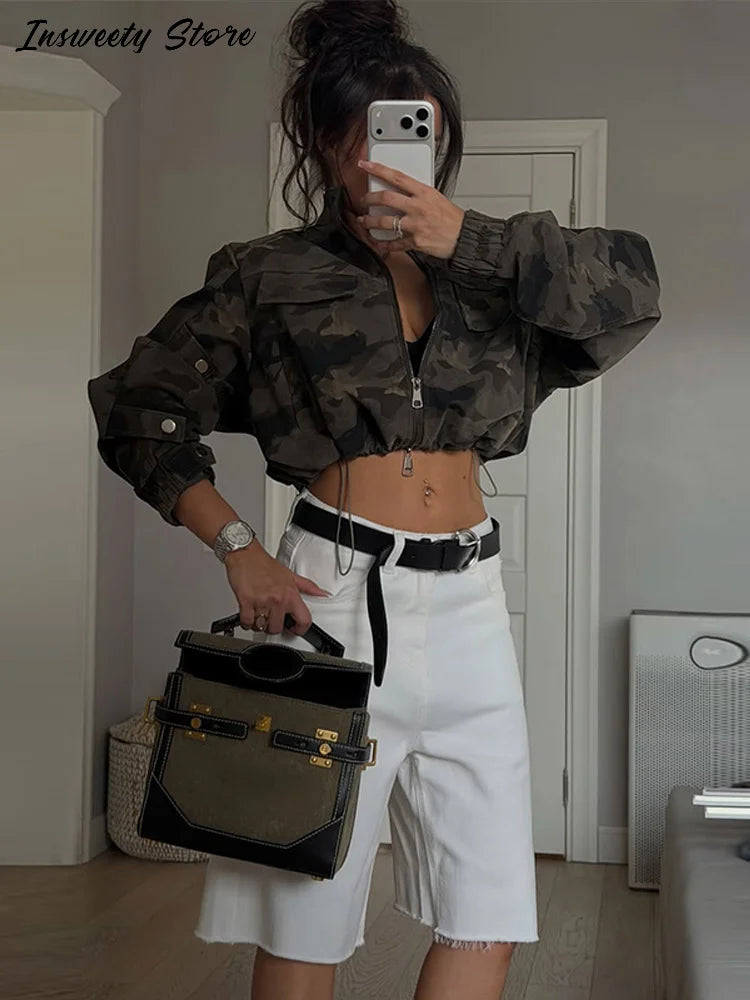 Y2K Camouflage Cropped Jacket Women Stand Collar Long Sleeve Zip Pockets Drawstring Coat 2026 Autumn New Lady Fashion Streetwear