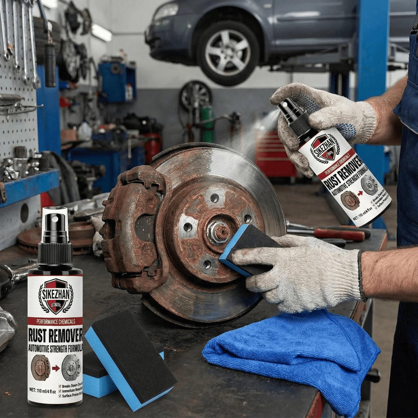 Powerful Car Rust Remover Spray Iron Dust Cleaning for Wheels & Metal Parts Auto Detail Rust Converter Kit with Sponge & Towel 6