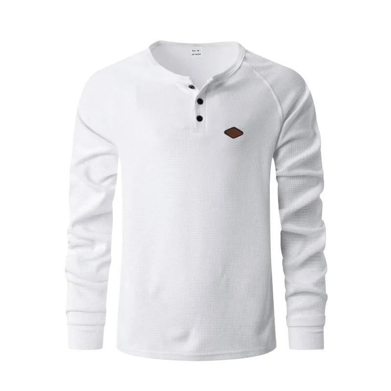 Mens Waffle Texture Henley Neck Long Sleeve Top Raglan Sleeve Leather Label Decor Loose Casual Solid Color Daily Pullover Shirts