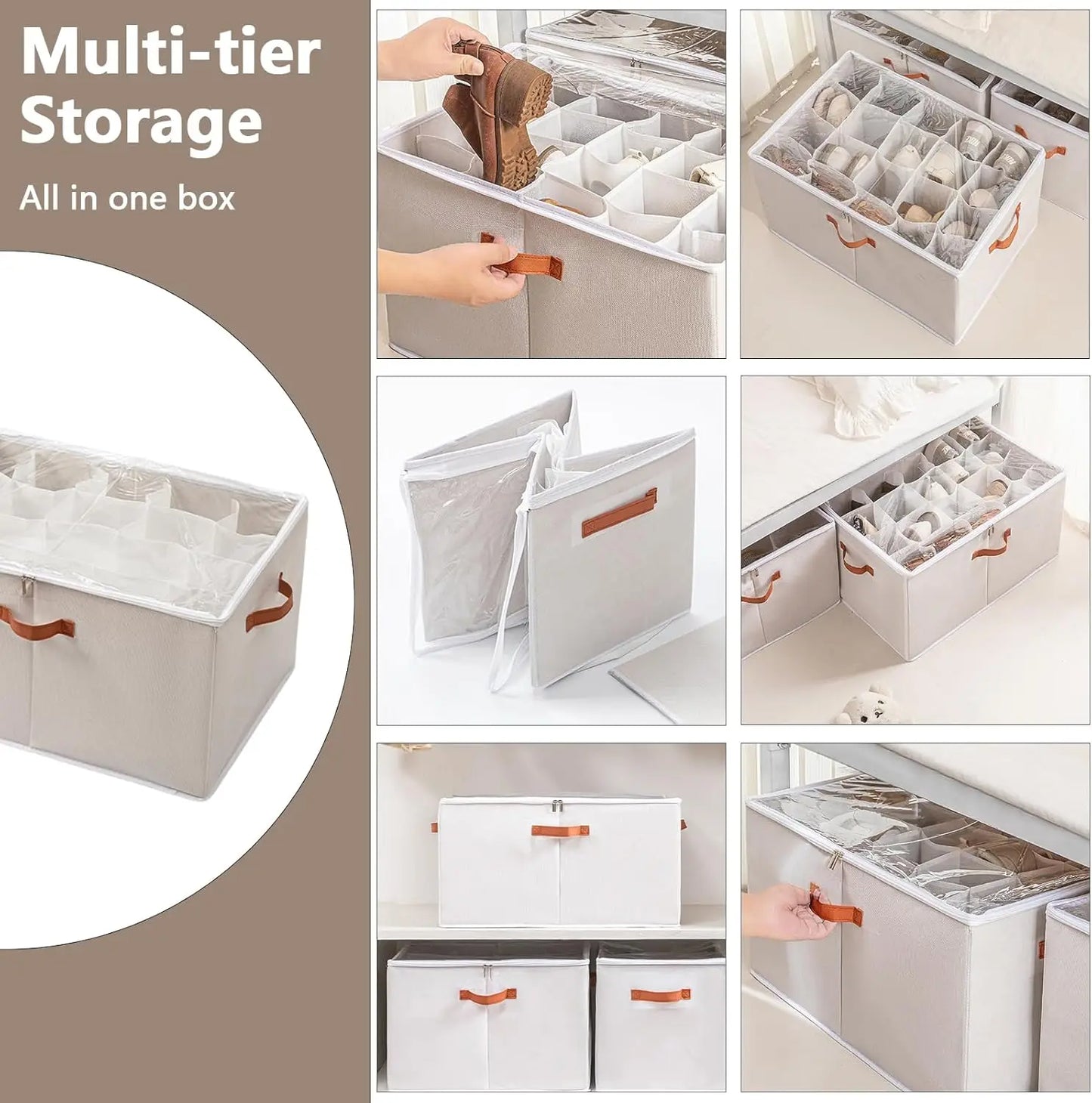 Shoe Storage Box Foldable Fabric Shoe Organizer Large Capacity with Clear Cover Dustproof Handles for Closet Entryway Bedroom