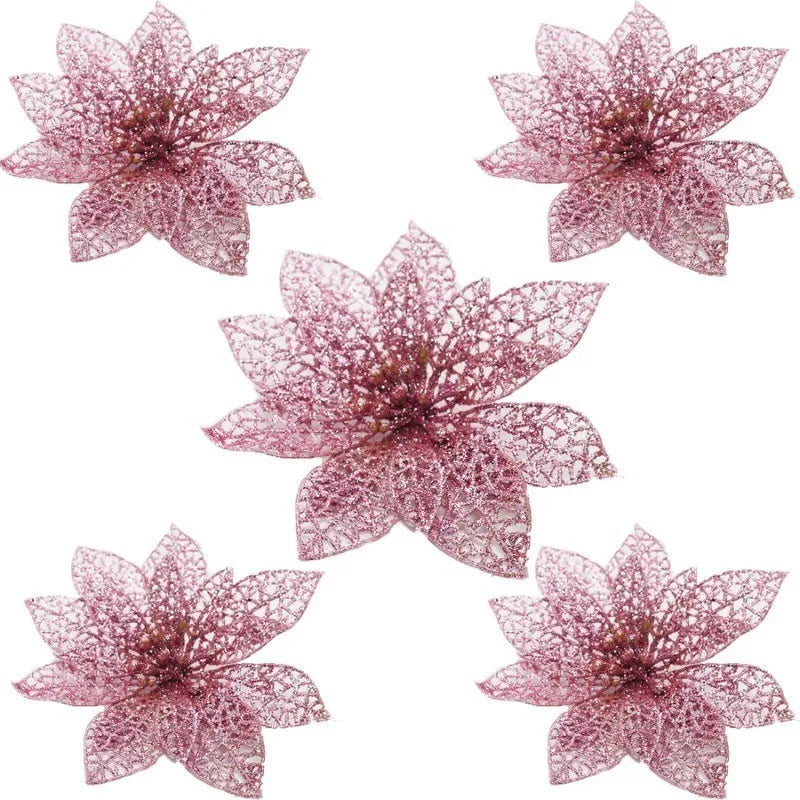 5Pcs Christmas Flowers Glitter Flowers Artificial Berry Christmas Tree Decorations Ornaments Xmas Party Wreath Floral Home Decor