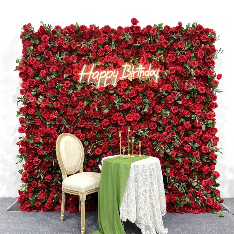 Luxur white Rose Roll Up Cloth 5D Flower Wall Arrangement Wedding Backdrop Decor Hanging Curtain Green Plants Wall Party Props