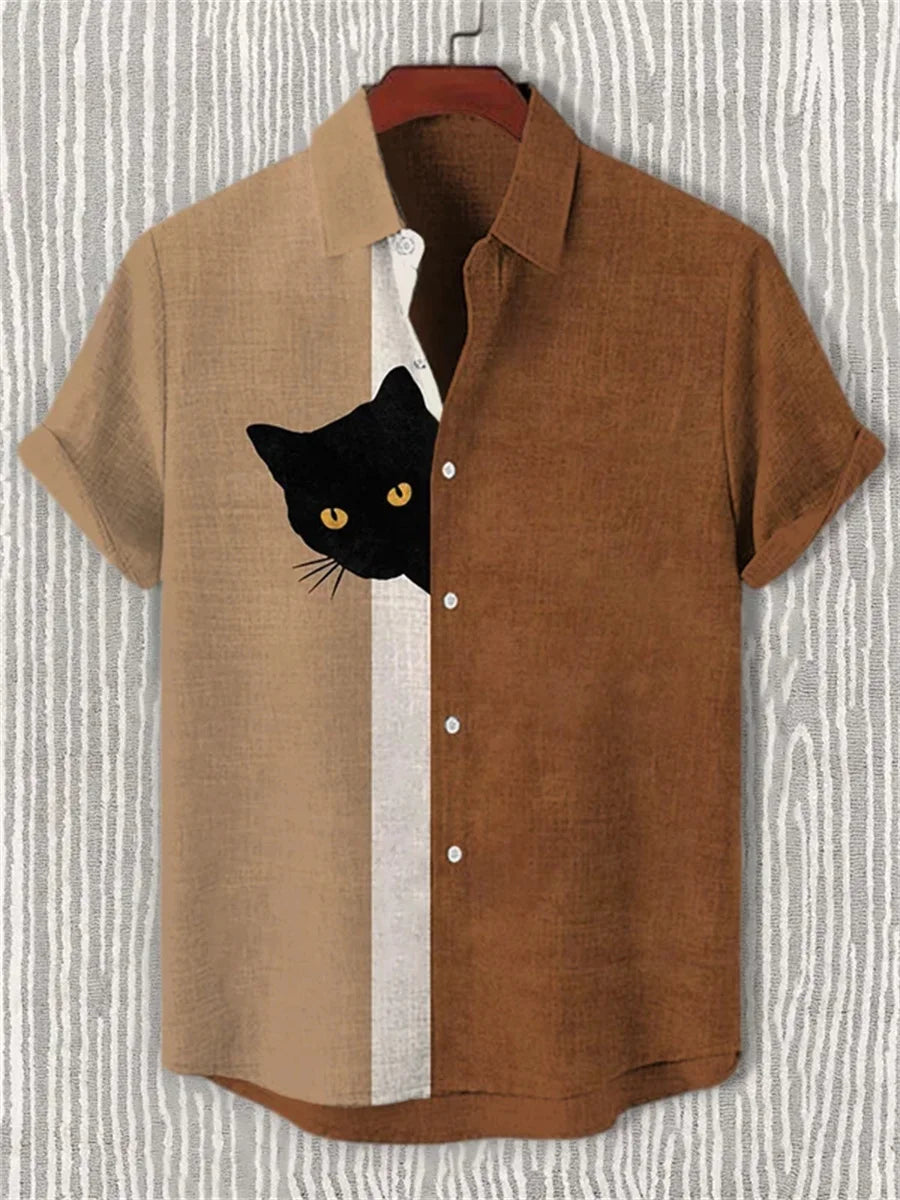 Men's blue and white color-blocked short-sleeved shirt with black cat print, collared casual outdoor vacation Hawaiian shirt.