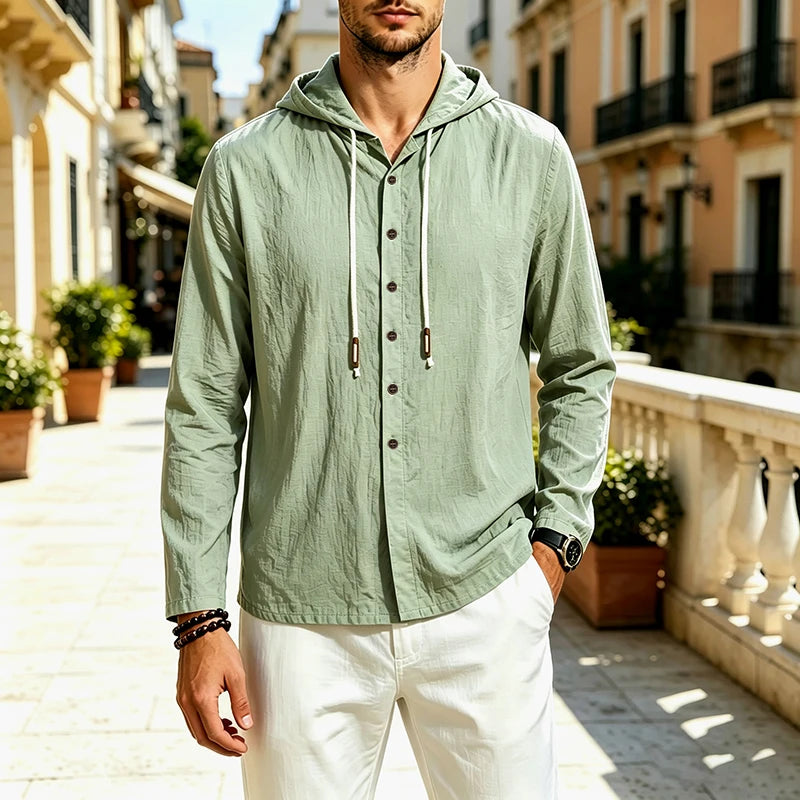 2026 New Men Cotton Linen Hooded Long Sleeve Shirt Drawstring Hood Casual Beach Vacation Travel Daily Walking Button Down Blouse