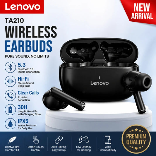 Lenovo TA210 Bluetooth Wireless Headphones Built In Microphone Charging Port Noise Isolating Comfortable Over Ear Headset C New