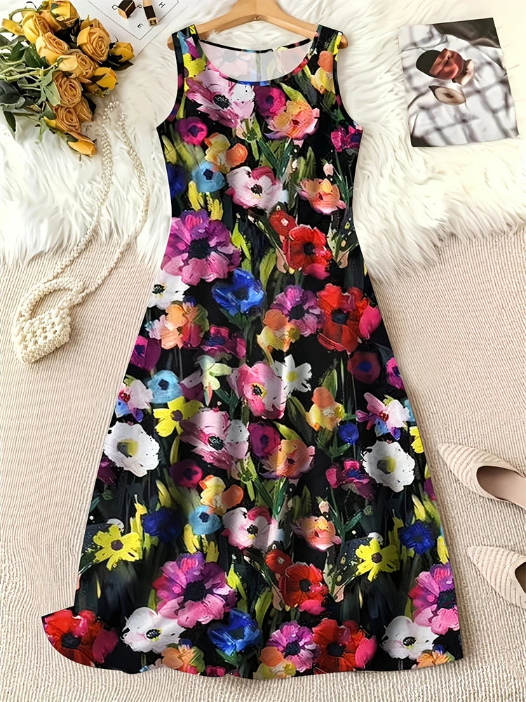 Summer Fashion Round-Neck Women's Dresses Botanical Floral Color-Blocked Patchwork Dresses Travel Party and Beach Dresses