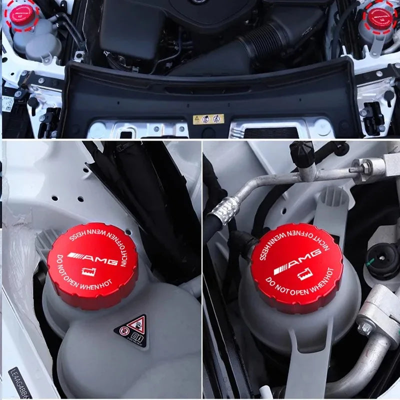 Universal Fit Aluminum Alloy Car Water Tank Cap for Mercedes Benz AMG Models with Decorative Sticker Compatible with W204 W205 W