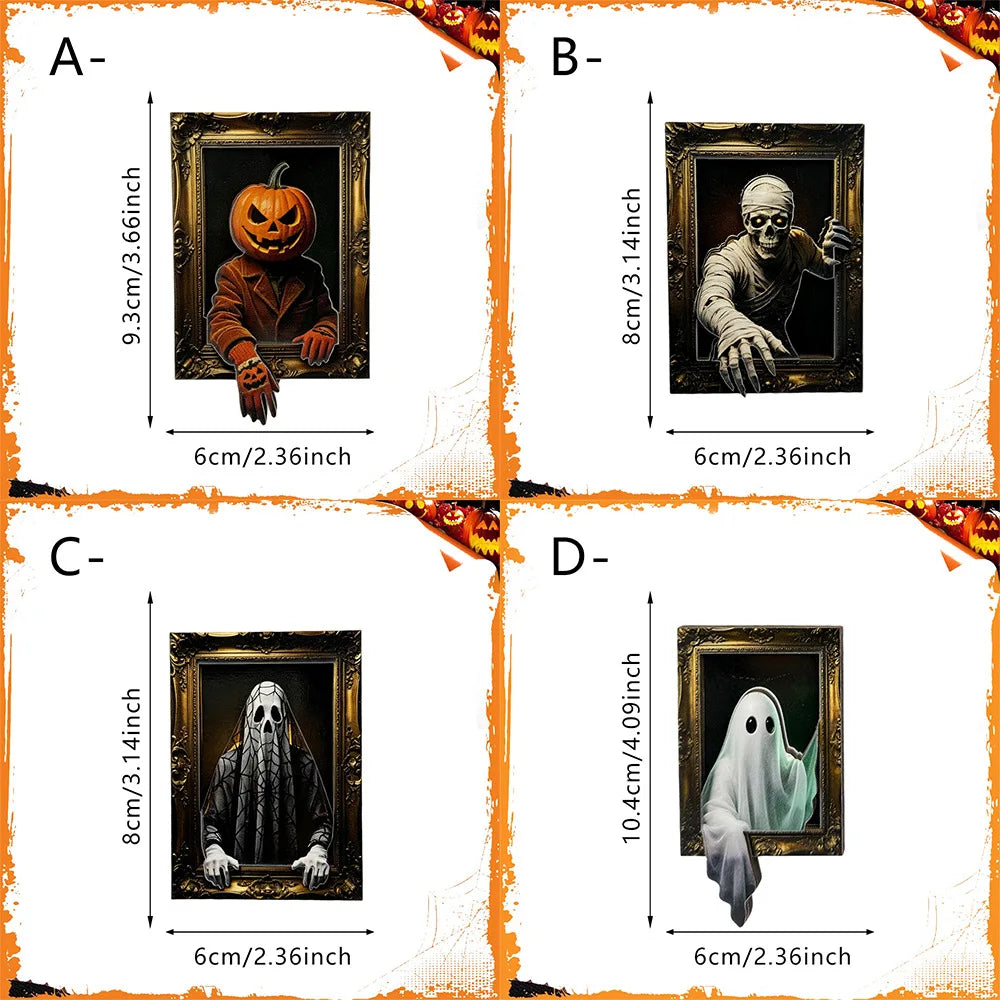 4/8PCS Halloween Wooden Refrigerator Magnet Spooky Art Fridge Magnet Frame Picture Stickers Halloween Party Gift Home Decor