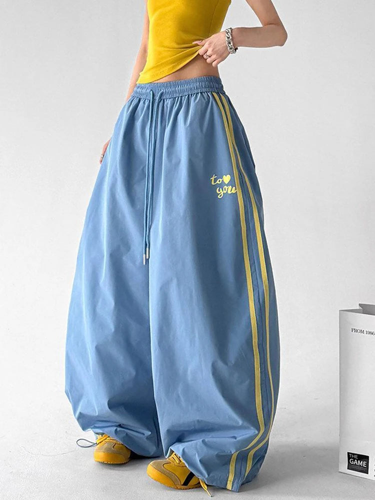 Hip Hop Striped Cargo Pant Women Streetwear Vintage Y2K Parachute Pants Loose Summer American Bf High Waist Letter Trousers New