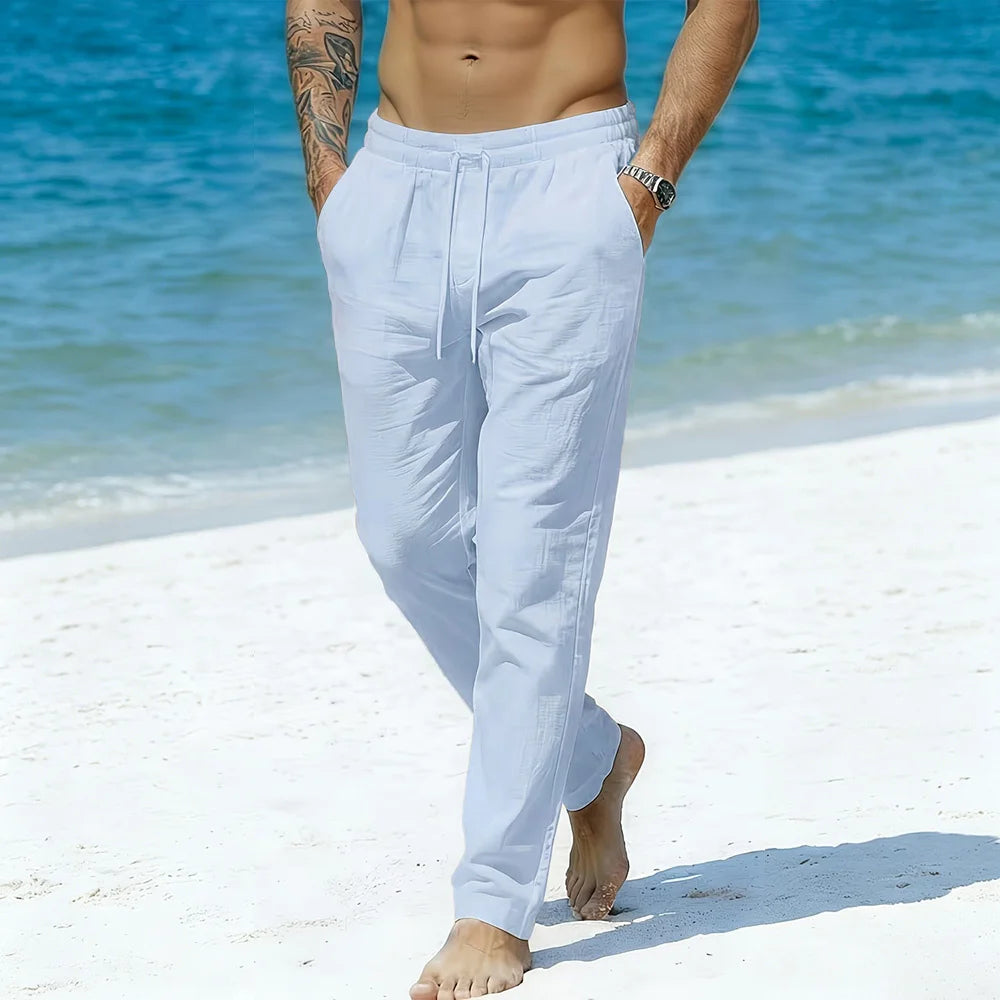 Men's Cotton Linen Long Pants Solid Color Breathable Lightweight Beach Style Vacation Cozy Long Pants Elastic Waist Trousers
